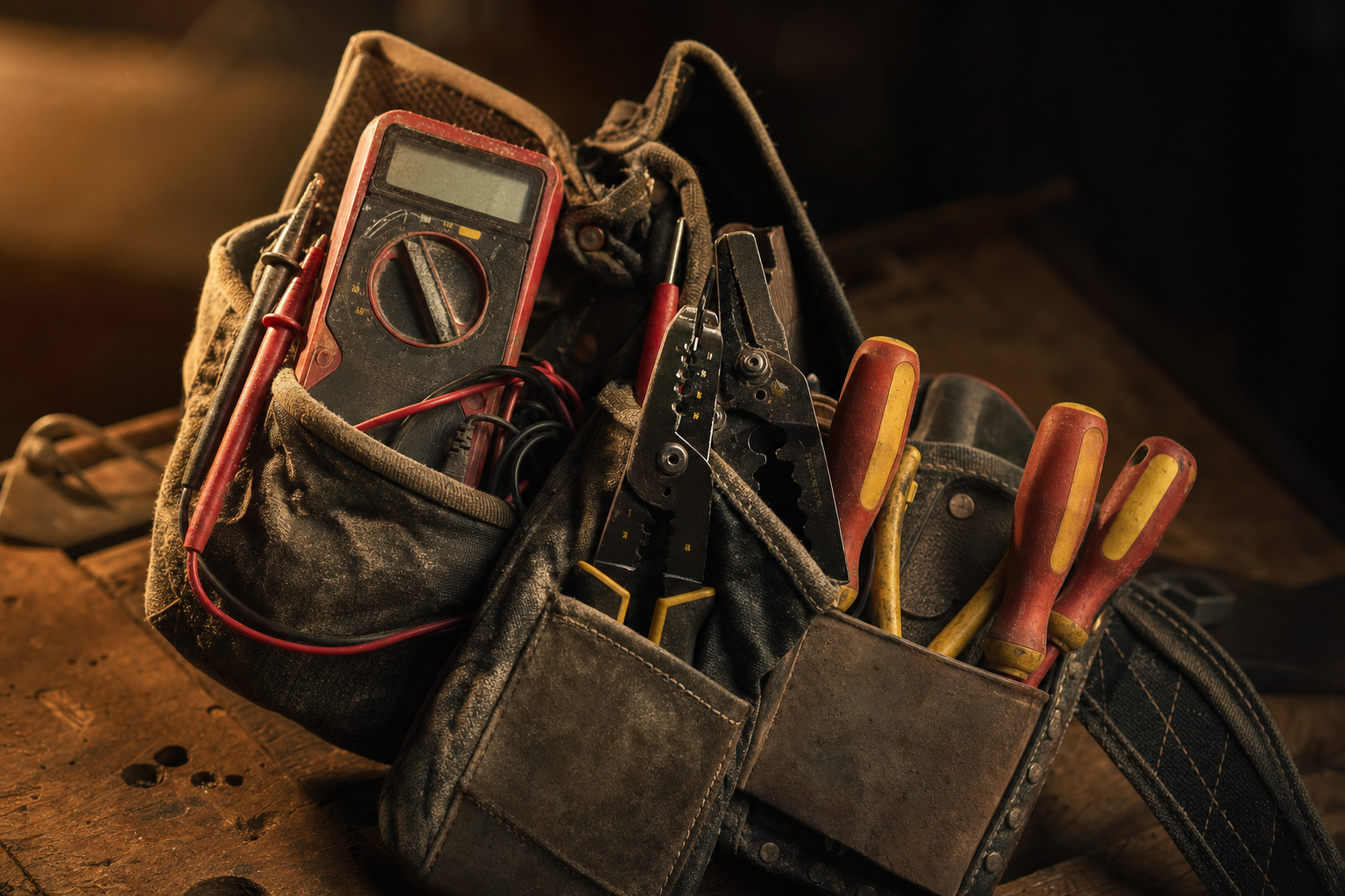 Well-used electrician's tool belt with a multimeter, wire strippers, and screwdrivers